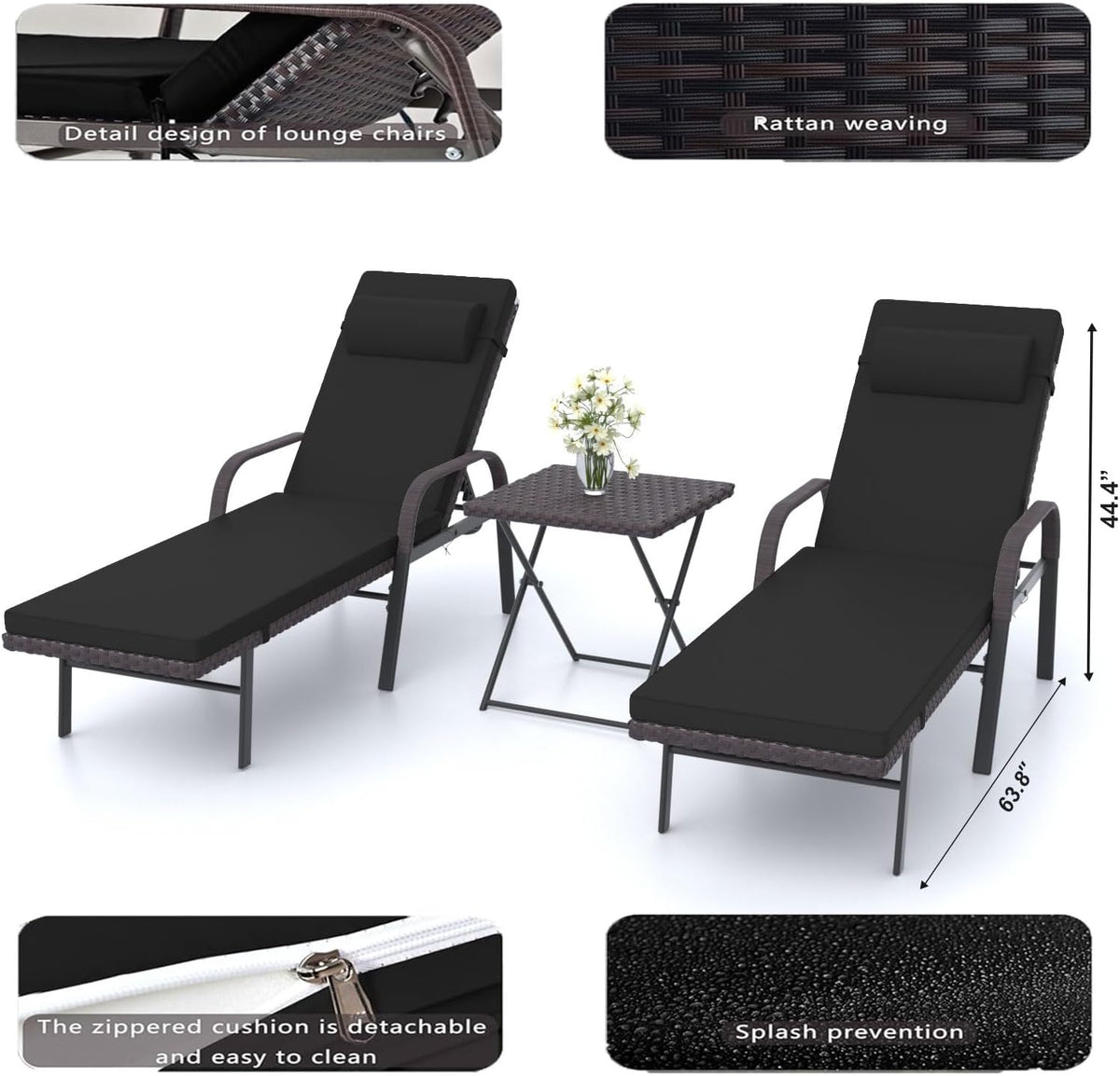 Patio Chaise Lounge Set 3 Pieces Outdoor Lounge Chair with Rattan Adjustable Backrest Armrest and Folding Table for Beach Patio,Sand, for Poolside Backyard Porch