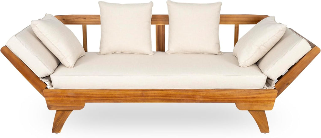 Christopher Knight Home Gary Patio Convertible Couch, Wooden Outdoor Daybed, 3-Seater Acacia Wood Patio Furniture Lounge Sofa for Backyard/Poolside/Garden, Back Pillow+Removable Cushion, Teak+ Beige