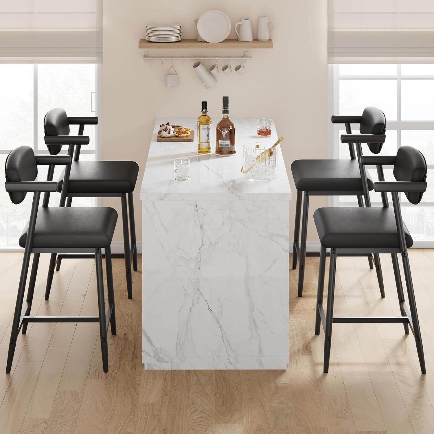 IDEALHOUSE Bar Stools Set of 4 with Armrests, Counter Height Bar Stools Set with Footrest & Soft Back, Metal Barstools Set with Wide Upholstered Seat for Kitchen Islands, Counter Bars, Rustic Black