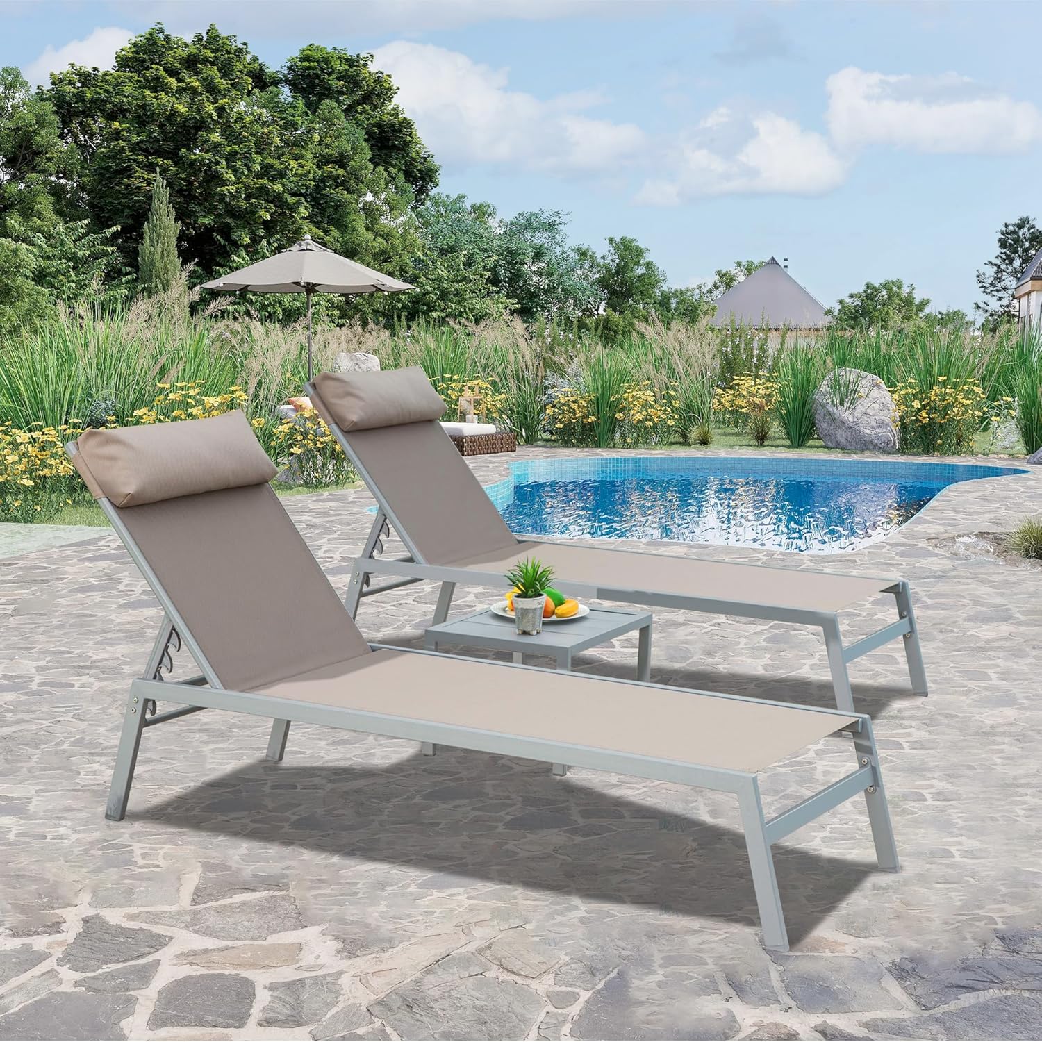 Domi Patio 3 Pieces Aluminum Textilene Chaise Lounge Set with Side Table Outdoor, Adjustable Back and Pillow for Yard Garden Sunbathing for All Seasons Khaki