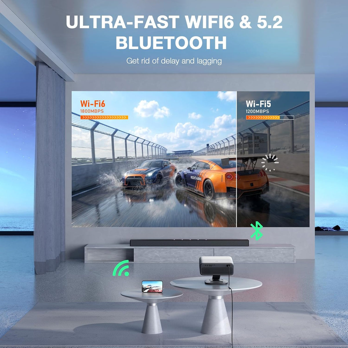 Now with Netflix & 3000 ANSI 4K Projector with WiFi and Bluetooth,TOF Real-Time Auto Focus Smart Projector, AuKing Outdoor Movie Home Theater Proyector with Omni-Adjustable Stand(grey)