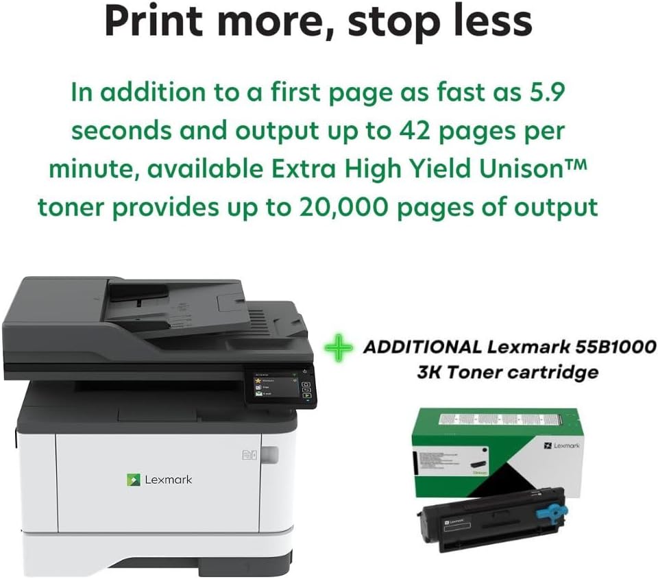 Lexmark MX431adn Laser Multifunction Printer - Monochrome(29S0200) Bundle with Lexmark 55B1000 Black 3K Yield Toner Cartridge