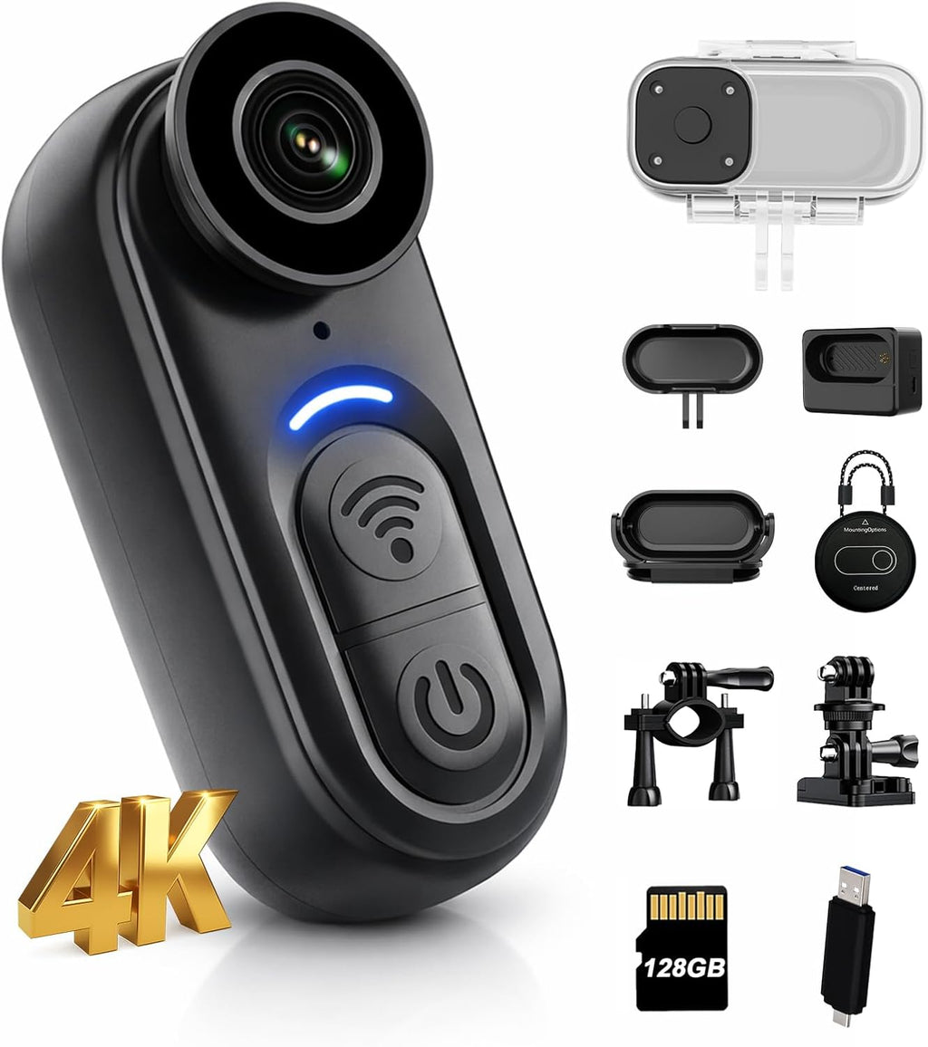 4K Mini Body Camera with 6-Axis Stabilization, 128GB Wearable Camera with Audio, Waterproof Thumb Action Camera, Hands-Free Body Cam for Cycling Travel Outdoor Adventures