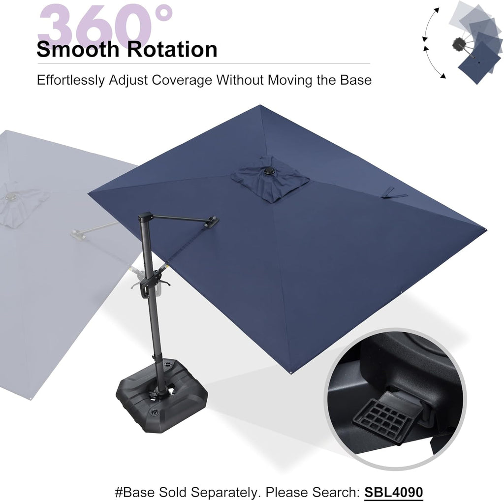 PURPLE LEAF 9' X 11.5' Cantilever Outdoor Rectangle Umbrella Patio Umbrella with Base Offset Umbrella with 360-degree Rotation for Garden Pool Deck Patio Navy Blue