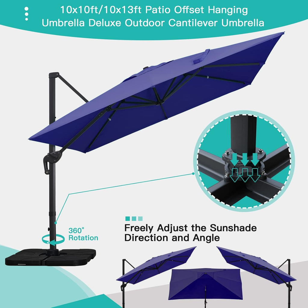 Sunnyglade 10x13Ft Cantilever Patio Umbrella Rectangular Deluxe Offset Umbrella 360°Rotation & Integrated Tilting System Patio Hanging Umbrella for Market Garden Deck Pool Backyard Patio(Navy)