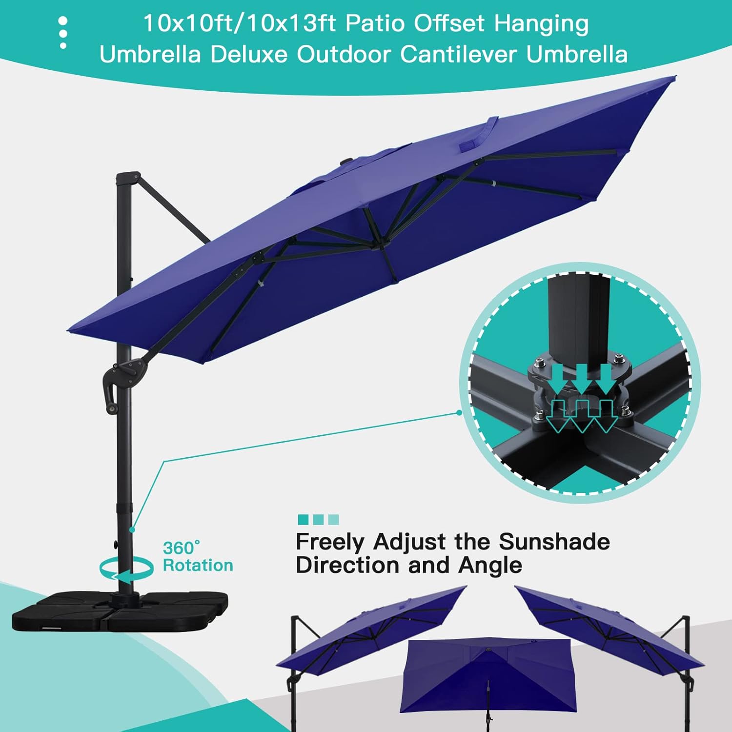 Sunnyglade 10x13Ft Cantilever Patio Umbrella Rectangular Deluxe Offset Umbrella 360°Rotation & Integrated Tilting System Patio Hanging Umbrella for Market Garden Deck Pool Backyard Patio(Navy)