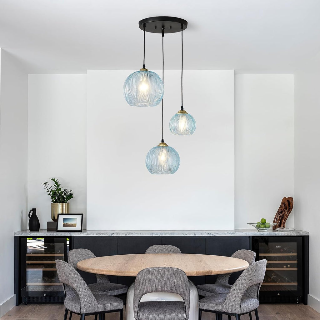 3-Light Blue Cluster Glass Pendant Light, Hanging Chandelier with Globe Shade, Glass Ball Pendant Light Fixtures for Kitchen Island, Dining Room, Living Room, Bedroom
