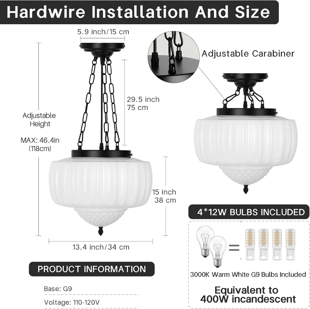 14" Vintage Milk Glass Pendant Light, Mid-Century Modern Schoolhouse Ceiling Chandelier, Vintage White Opal Flush Hanging Fixture for Kitchen Island, Dining Room, Bedroom, Living Room