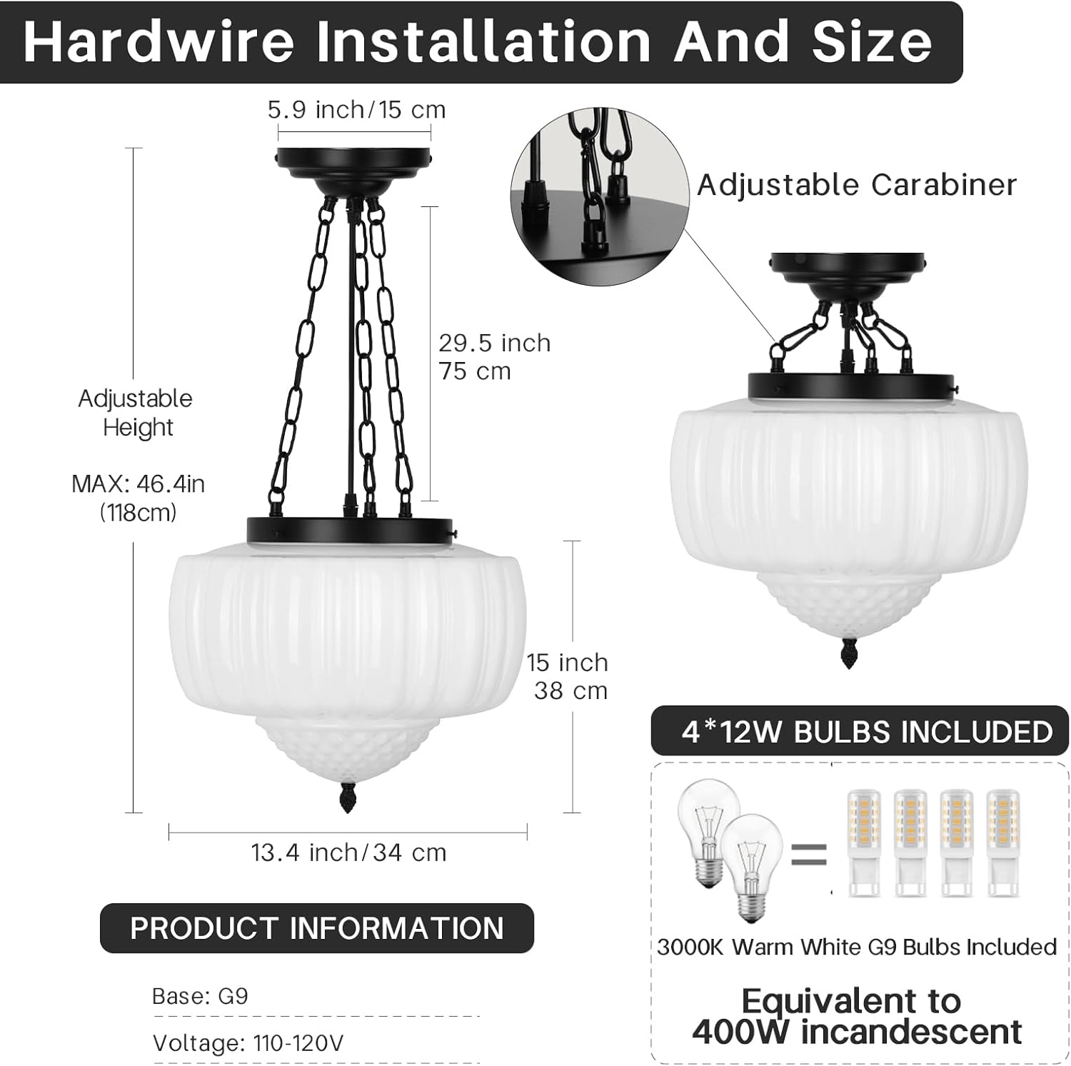 14" Vintage Milk Glass Pendant Light, Mid-Century Modern Schoolhouse Ceiling Chandelier, Vintage White Opal Flush Hanging Fixture for Kitchen Island, Dining Room, Bedroom, Living Room
