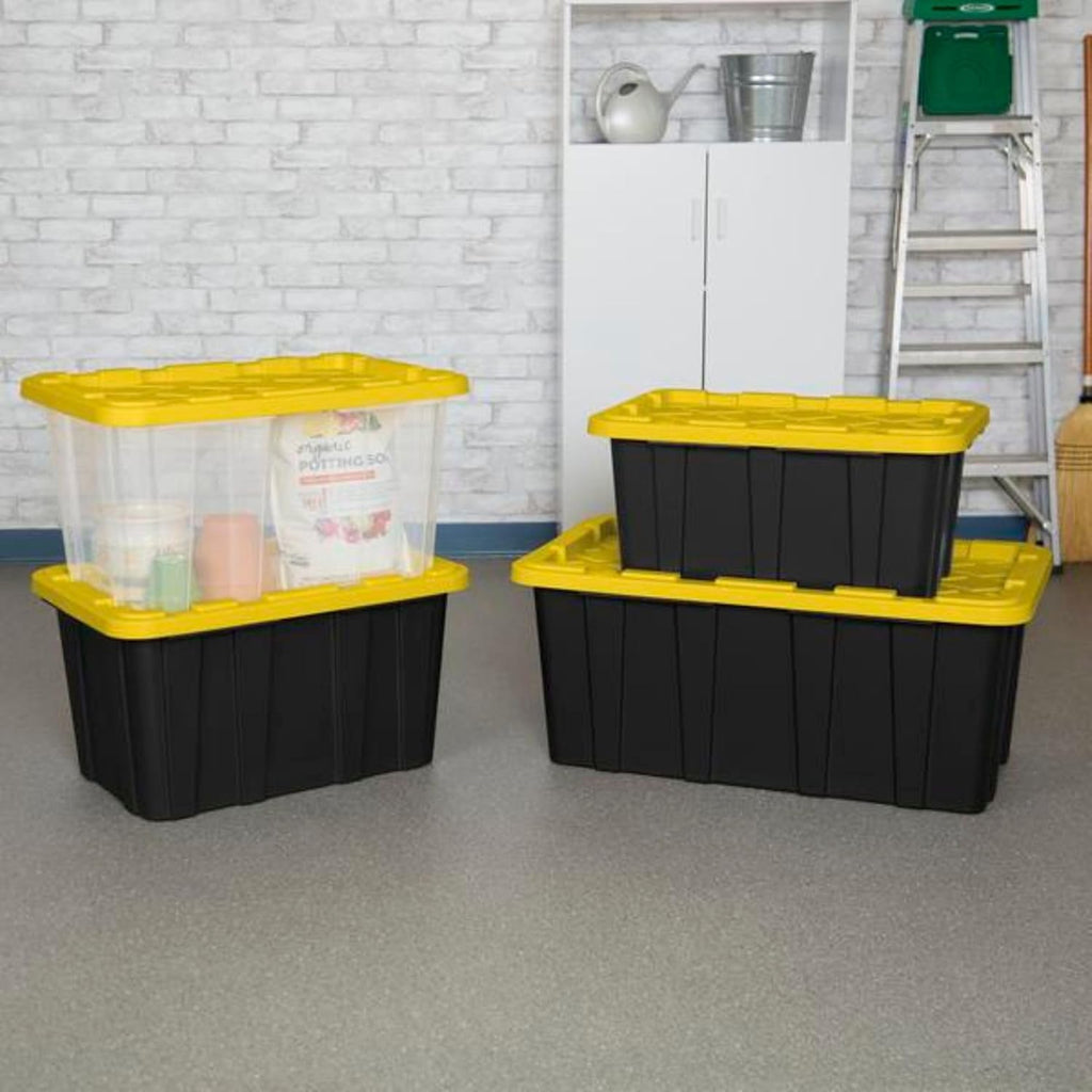 Sterilite 8-Pack 27 Gallon Industrial Storage Tote, Heavy-Duty Plastic Bins, Black/Yellow - Stackable Utility Organizers with Lids for Garage, Camping Tools, and Outdoor Gear
