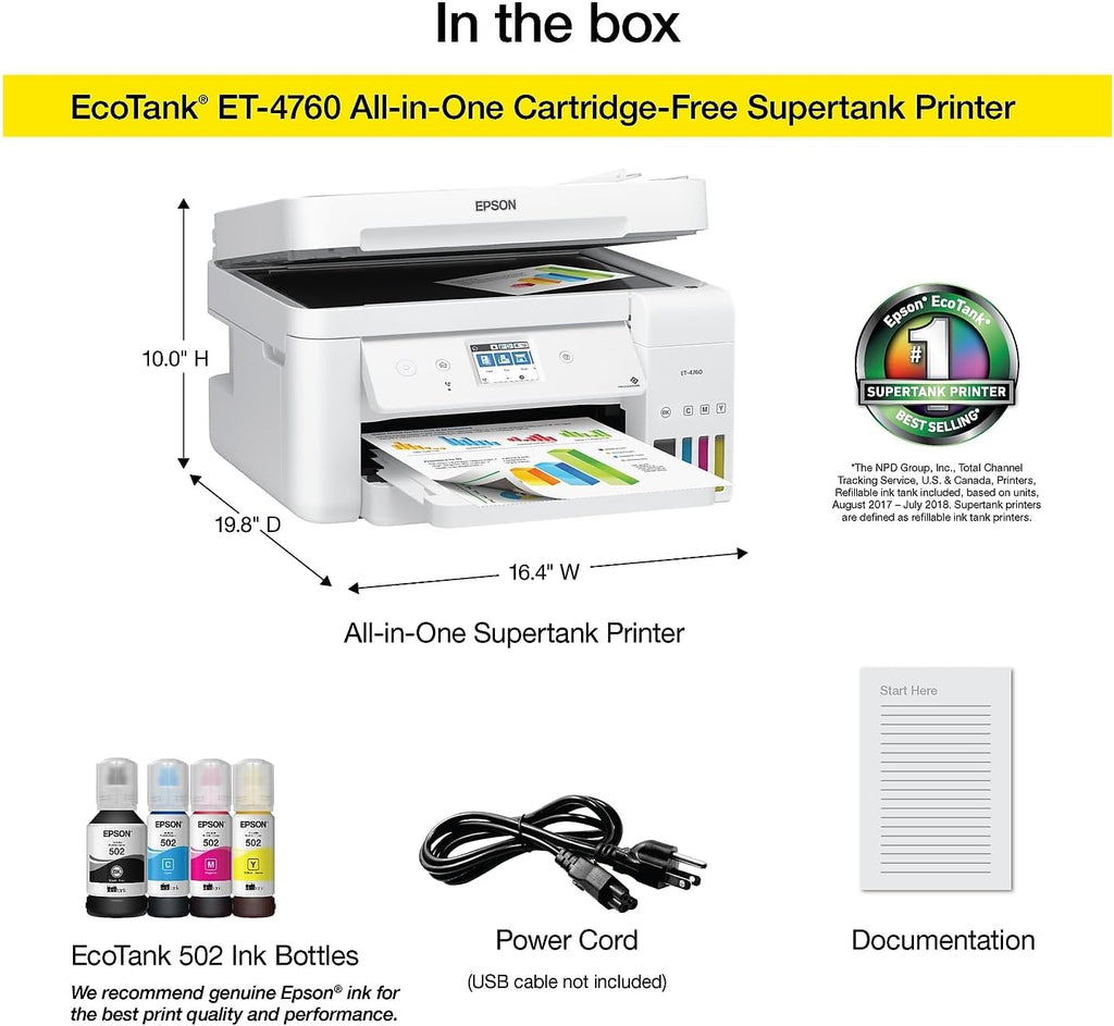 Epson EcoTank ET-4760 Wireless Color All-in-One Cartridge-Free Supertank Printer with Scanner, Copier, Fax, ADF and Ethernet - White