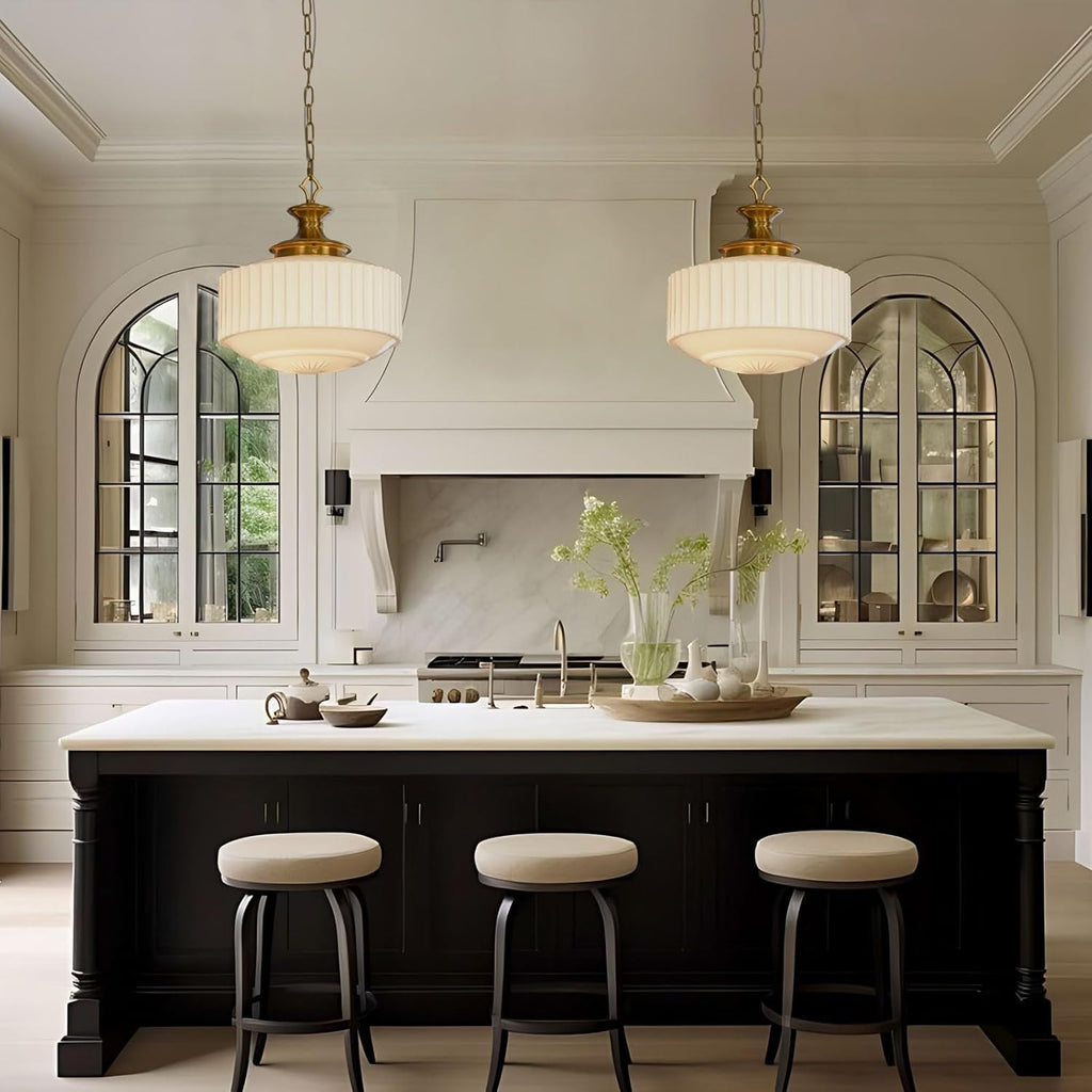 Vintage Brass Milk Glass Pendant Light Fixture, 13.8" White Pleated Glass Chandelier, Antique Pendant Lights, for Kitchen Island Lighting, Hallway, Bedroom, Dining Room, Foyer, E26 Bulb Included