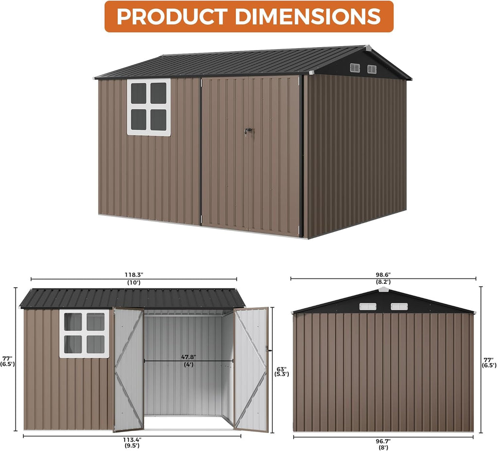 IRONCK 10x8.2 FT Storage Shed with Clear Window, Outdoor Tool Shed with Lockable Doors and Breathable Ventilation, Metal Garden Storage with 9.5x8 FT Base for Generators/Bikes/Wheelbarrows, Brown