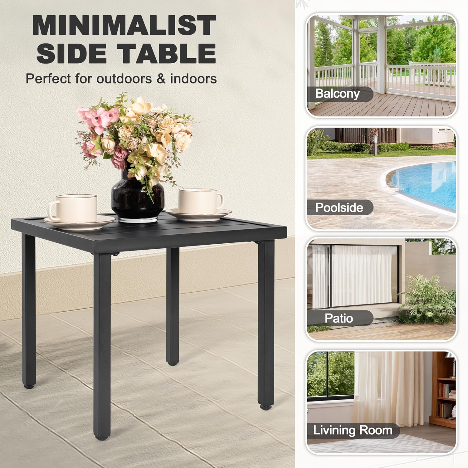 NUU GARDEN Patio Chaise Lounge Set of 3, 2 Textilene Patio Lounge Chairs with Ottoman and 1 Slatted Side Table, All-Weather Outdoor Set for Balcony Deck Yard Poolside, Black and Brown