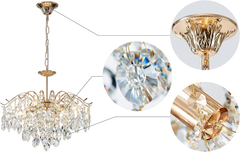 Saint Mossi 6-Light Gold Crystal Chandeliers, Middle Century Dining Room Light Fixture, Modern Pendant Light for Living Room, D20 x H17, Adjustable Chains 59", Chopper Finish Metal Frame
