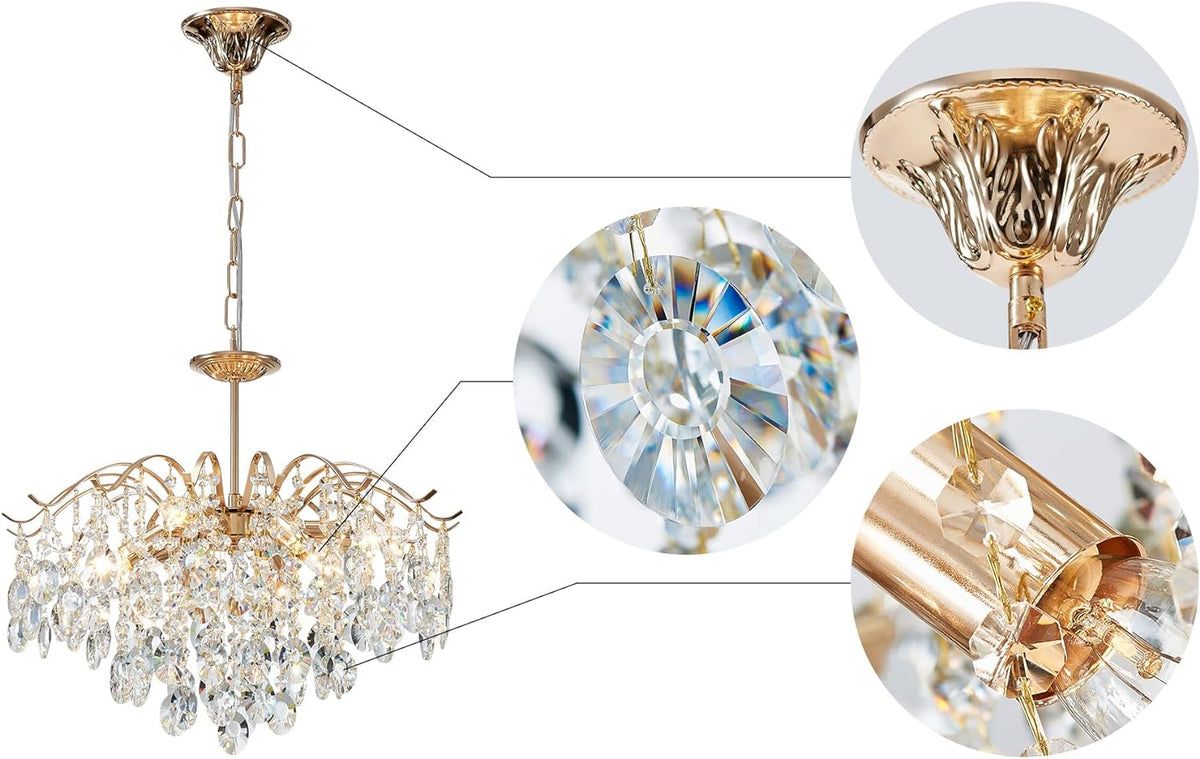 Saint Mossi 6-Light Gold Crystal Chandeliers, Middle Century Dining Room Light Fixture, Modern Pendant Light for Living Room, D20 x H17, Adjustable Chains 59", Chopper Finish Metal Frame