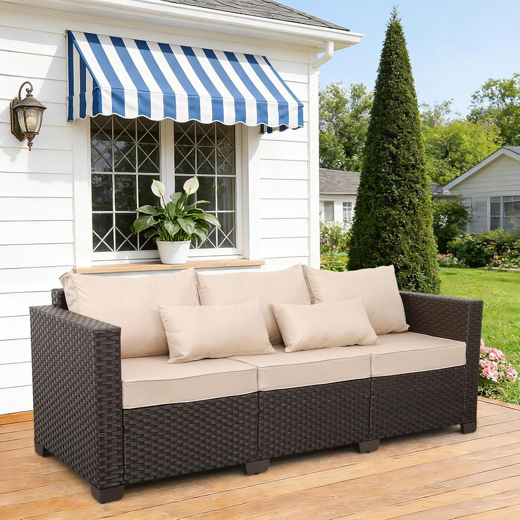 Rattan Star Outdoor Furniture Couch 3 Seater Sofa Outdoor Brown Wicker Sofa Deep Seat High Backrest Patio Couch with Non-Slip Cushions Waterproof Cover, Khaki