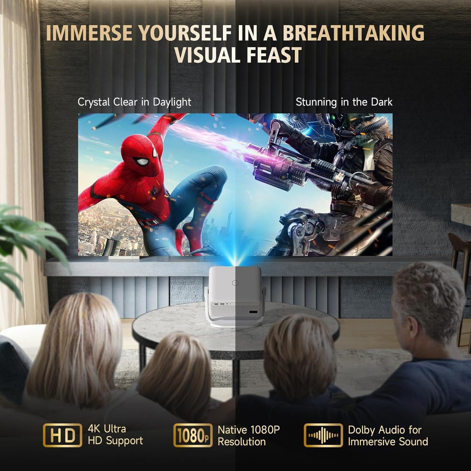 AI Auto Focus Portable Projector Native1080P Support 4K Parse WIFI6 5G Wireless 5.0 Bluetooth Android 13,300ANSI,360° Rotatable, Auto Keystone Correction Video Projecto