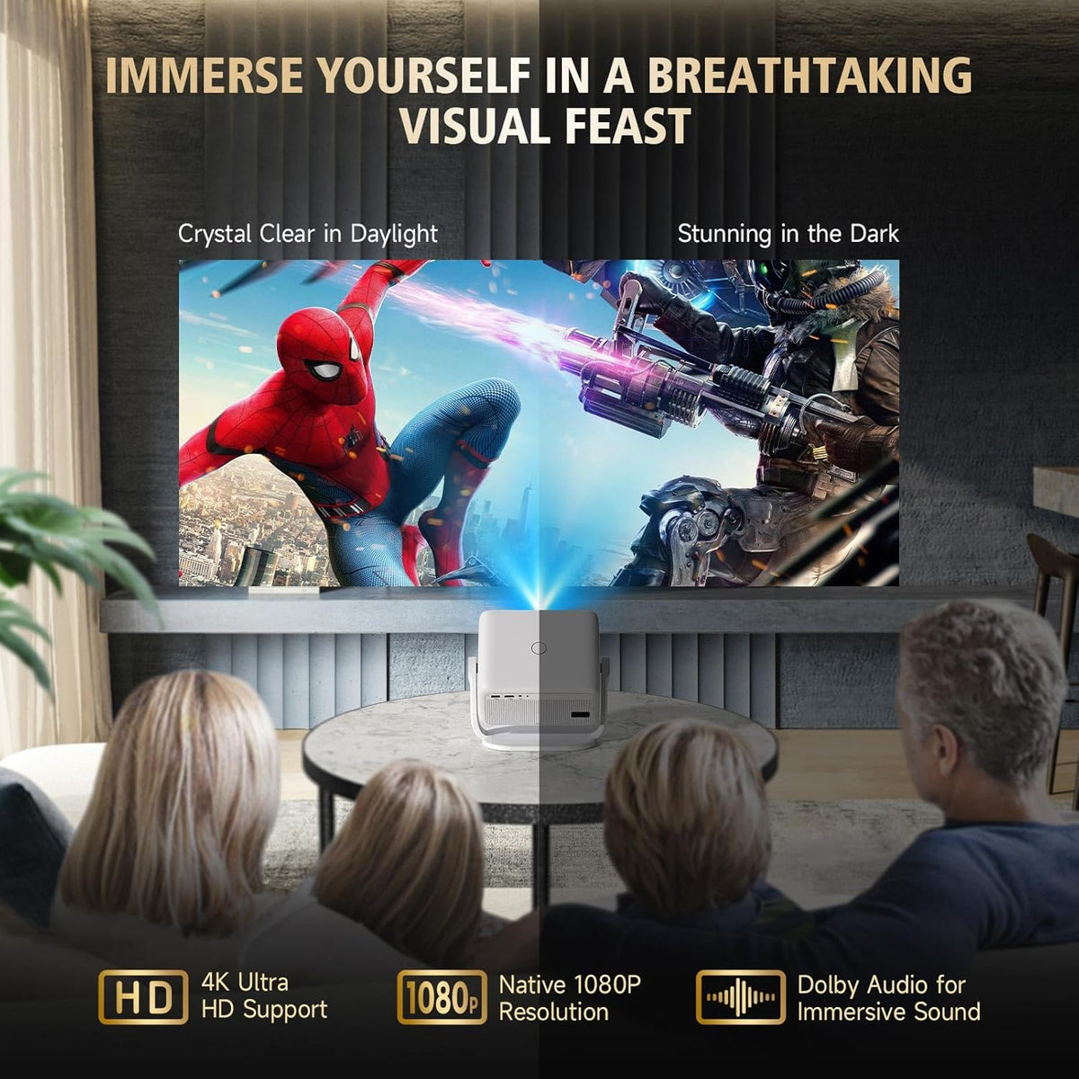 AI Auto Focus Portable Projector Native1080P Support 4K Parse WIFI6 5G Wireless 5.0 Bluetooth Android 13,300ANSI,360° Rotatable, Auto Keystone Correction Video Projecto