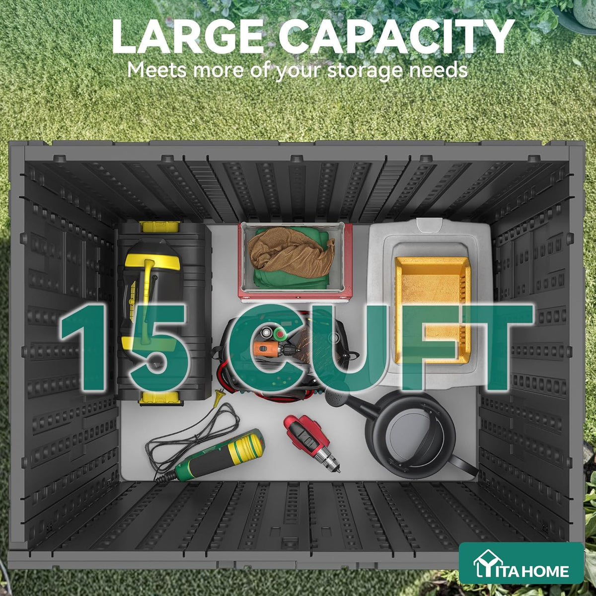 YITAHOME Outdoor Storage Cabinet with 2 Shelves, Waterproof Resin Horizontal Tool Shed, Lockable 15 cu. ft. Storage Shed for Patio, Garden, Yard, Dark Gray
