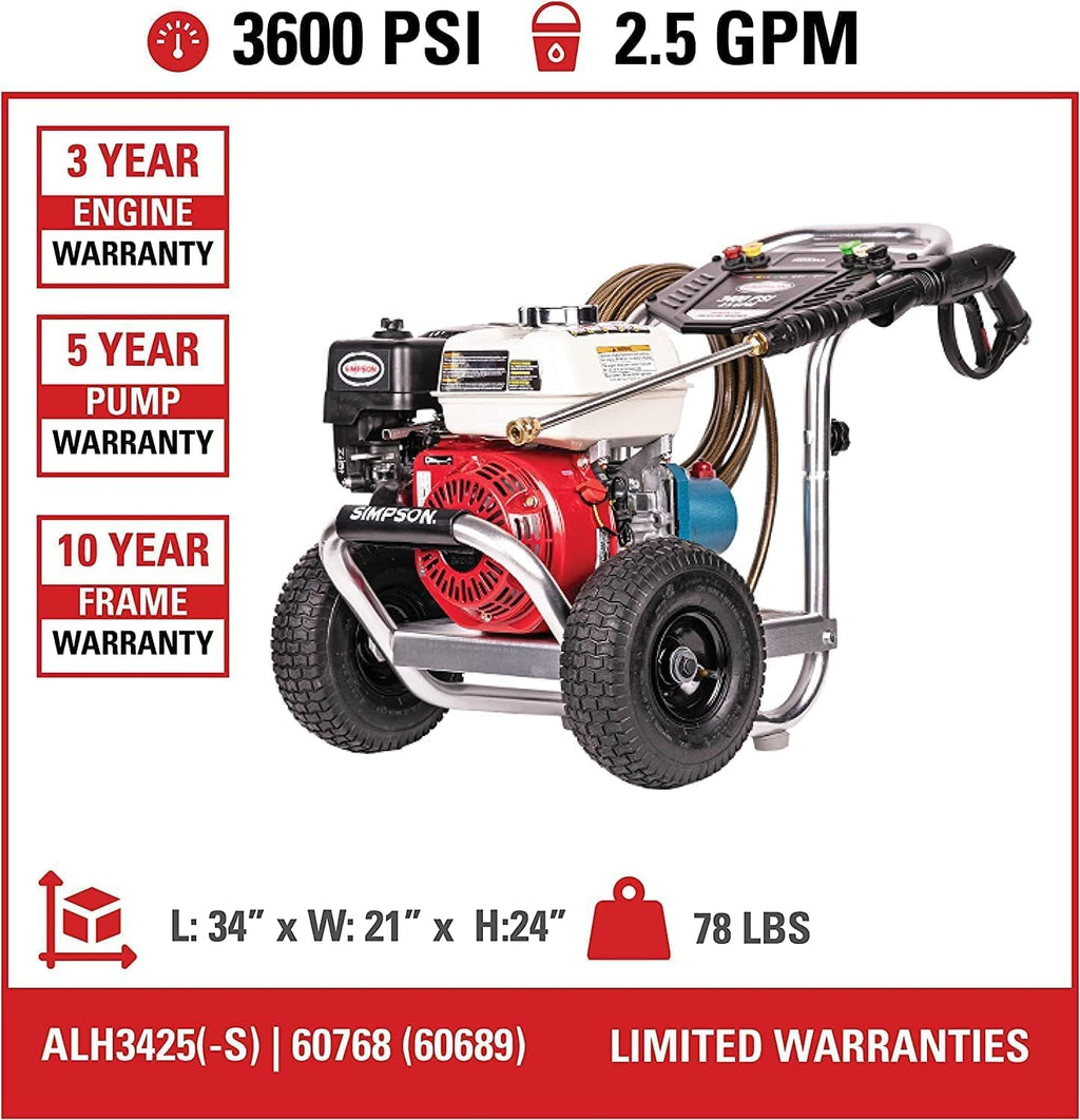 Simpson 3600 PSI Gas Pressure Washer, 2.5 GPM Commercial Power Washer, Cold Water, Honda GX200 Engine, 35' Hose, Aluminum Series, 49-State Compliant (ALH3425)