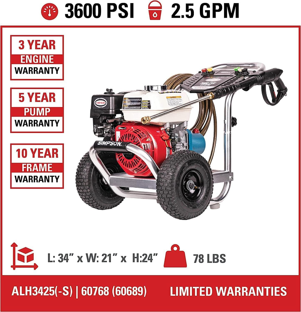 Simpson 3600 PSI Gas Pressure Washer, 2.5 GPM Commercial Power Washer, Cold Water, Honda GX200 Engine, 35' Hose, Aluminum Series, 49-State Compliant (ALH3425)