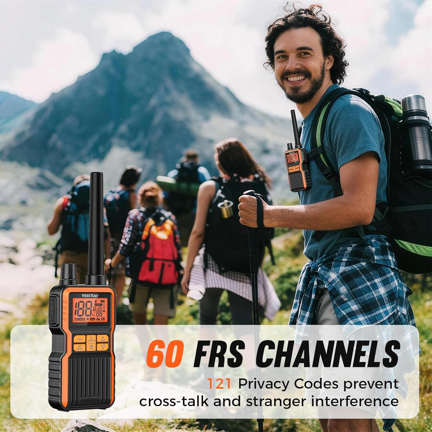Midd Kacy Walkie Talkies, 60 Channel GMRS Handheld Waterproof Hunting Two Way Radio with 121 Privacy Codes, SOS, NOAA Weather Alerts, VOX, Channel Scanning, 4 Pack (Black/Orange)