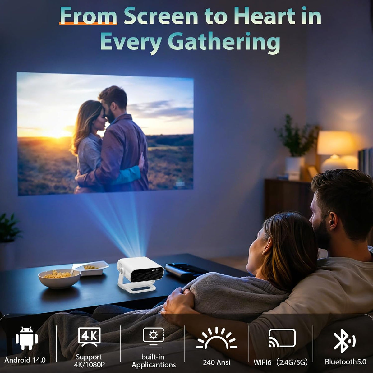 ZDK 1080P Movie Projector for Bedroom: Smooth Grain Free Image Quality with Crisp Details for Family - 360°Rotatable Mini Proyector with Wifi & Bluetooth - 4K Support TV iPhone Airplay - White