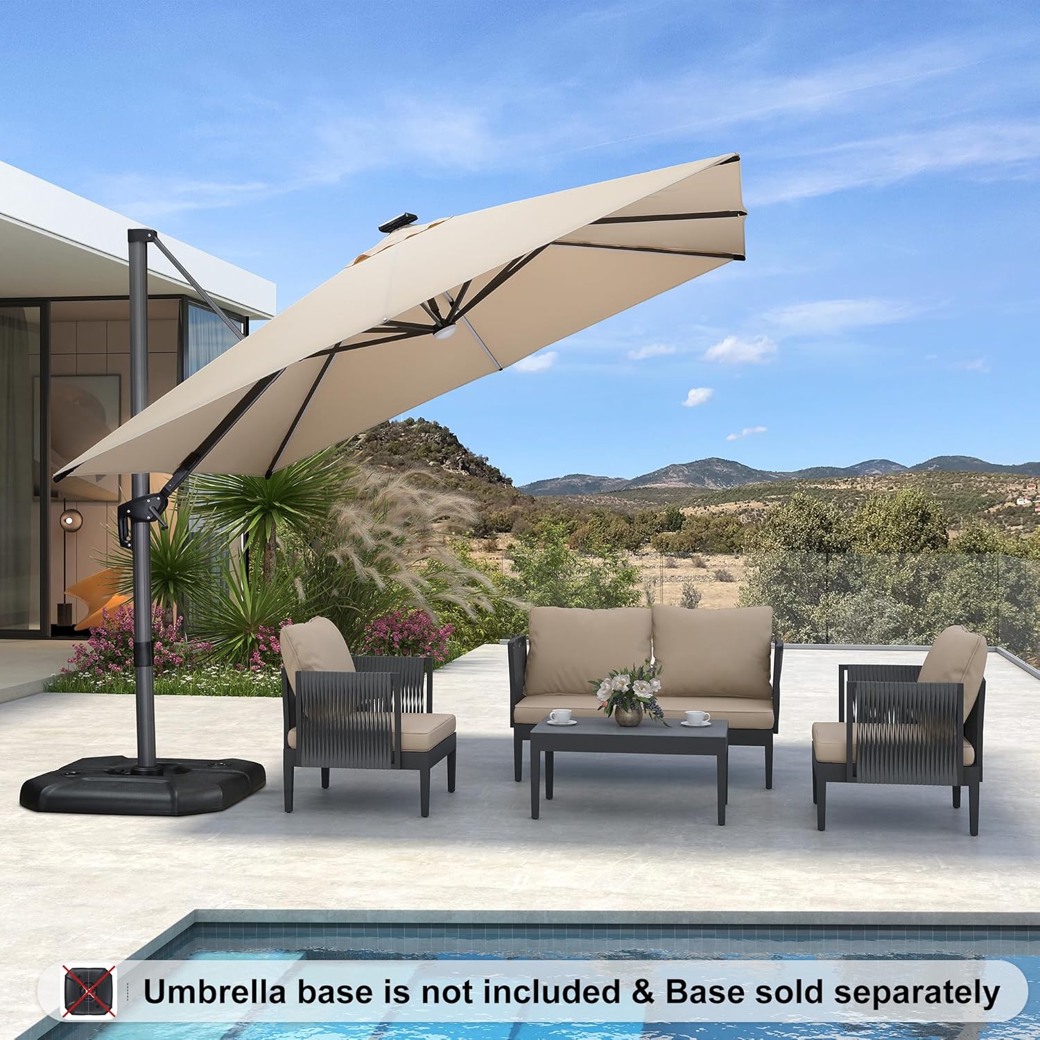PURPLE LEAF 10 Feet Patio Umbrella Outdoor Cantilever Solar Powered LED Square Umbrella Aluminum Offset Umbrella with 360-degree Rotation for Garden Deck Pool Patio, Beige