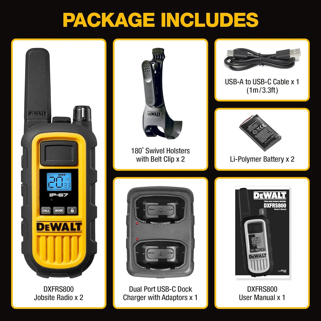 DEWALT DXFRS800 FRS Walkie Talkies, Long Range 2 Way Radio, 2W, IP67 Waterproof, Rechargeable, 2 Pack, DXFRS800