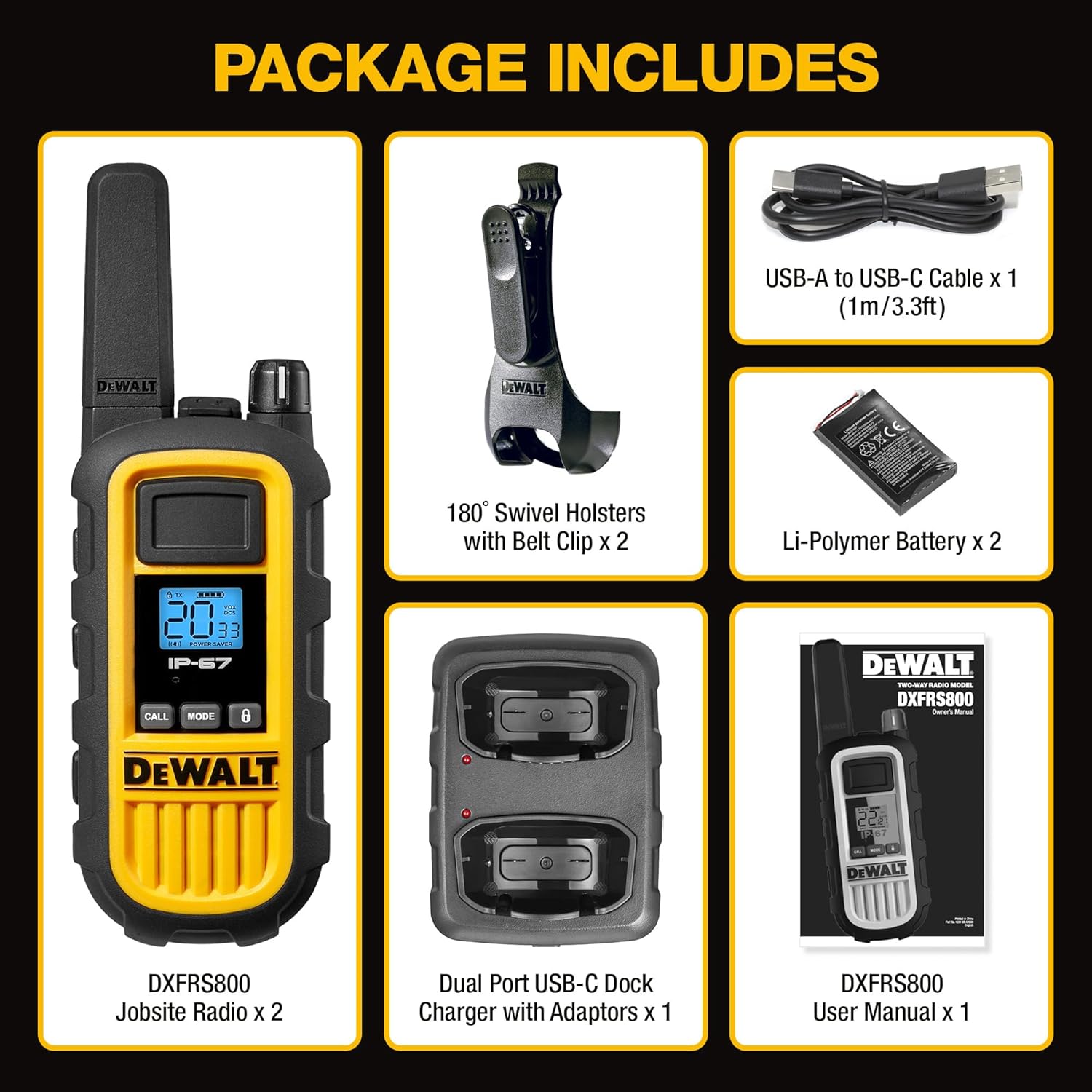 DEWALT DXFRS800 FRS Walkie Talkies, Long Range 2 Way Radio, 2W, IP67 Waterproof, Rechargeable, 2 Pack, DXFRS800