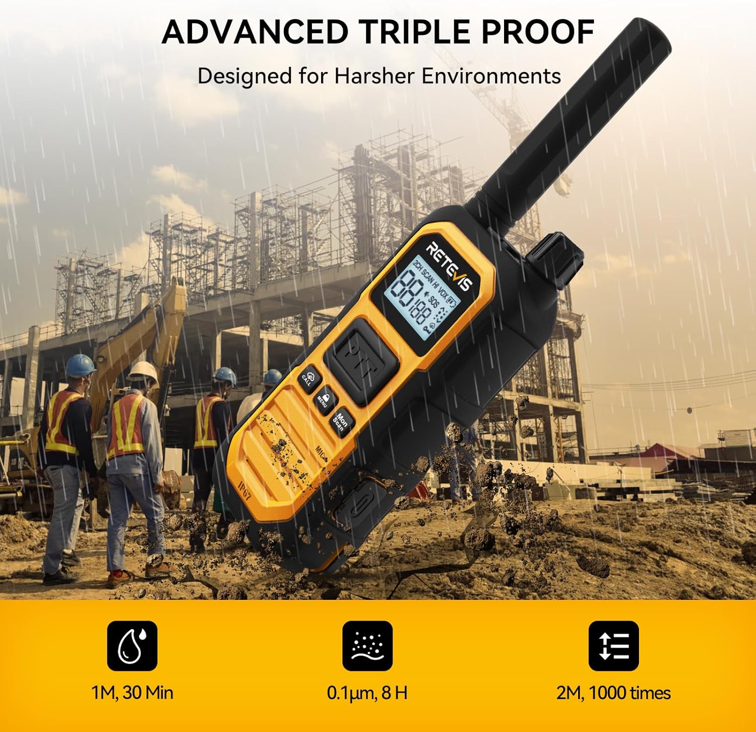 Retevis RB48 Plus Heavy Duty Walkie Talkies with Earpiece, IP67 Waterproof Two Way Radios, Long Range 2 Way Radio, Group Call, VOX, SOS, NOAA (4 Pack)