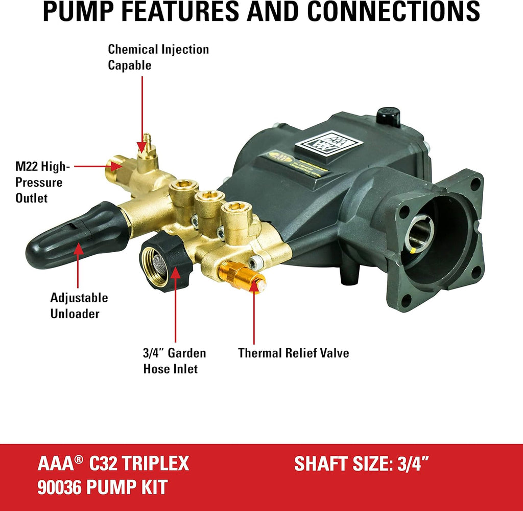AAA 90036 Horizontal Triplex Plunger Replacement Pressure Washer Pump Kit, 3200 PSI, 2.8 GPM, 3/4" Shaft, Includes Hardware and Siphon Tube, for Industrial Gas Powered Machines, Black