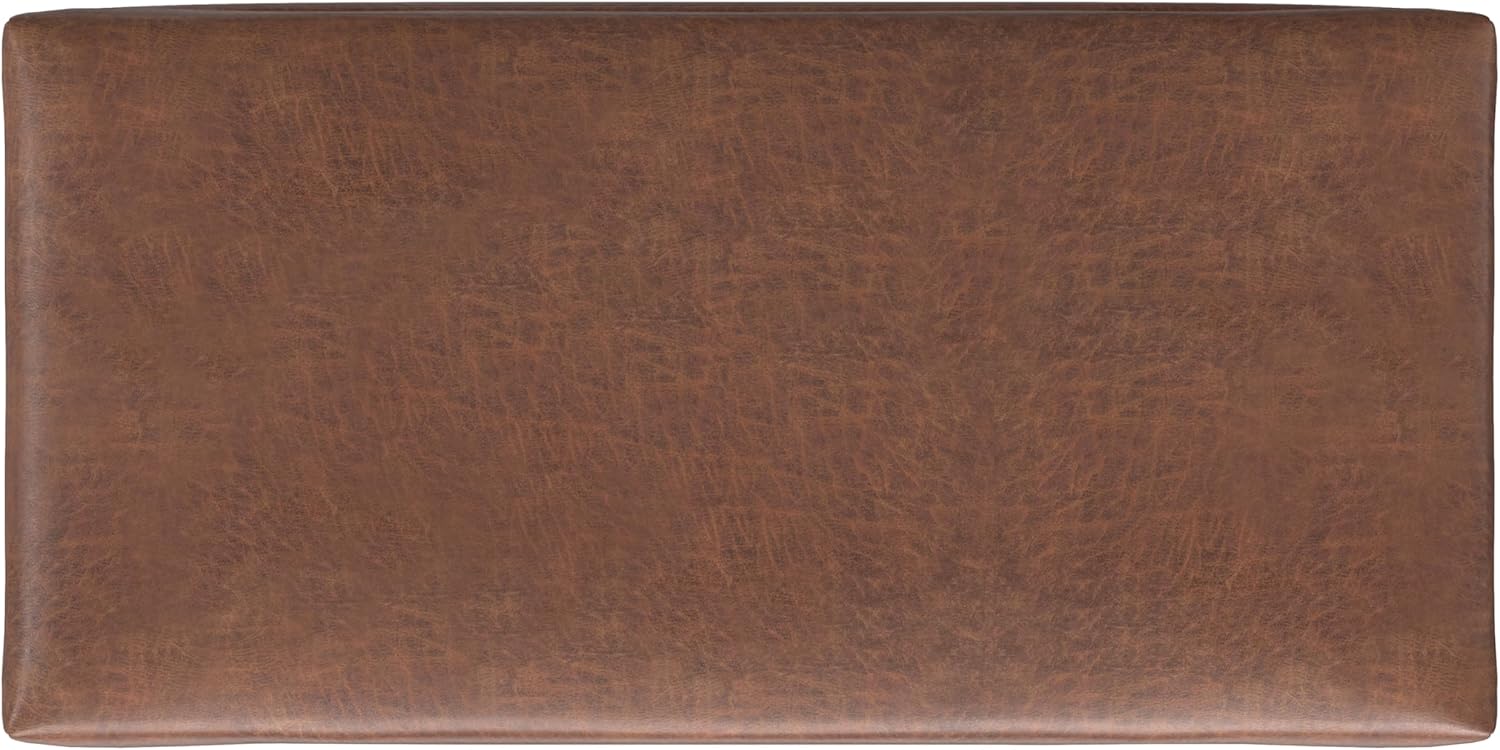 SIMPLIHOME Rebecca Storage Ottoman - 48 inch Wide Upholstered Vegan Leather Coffee Table Ottoman in Distressed Saddle Brown, Mid-Century Modern Lift-Top Storage for Living Room with Safety Hinges