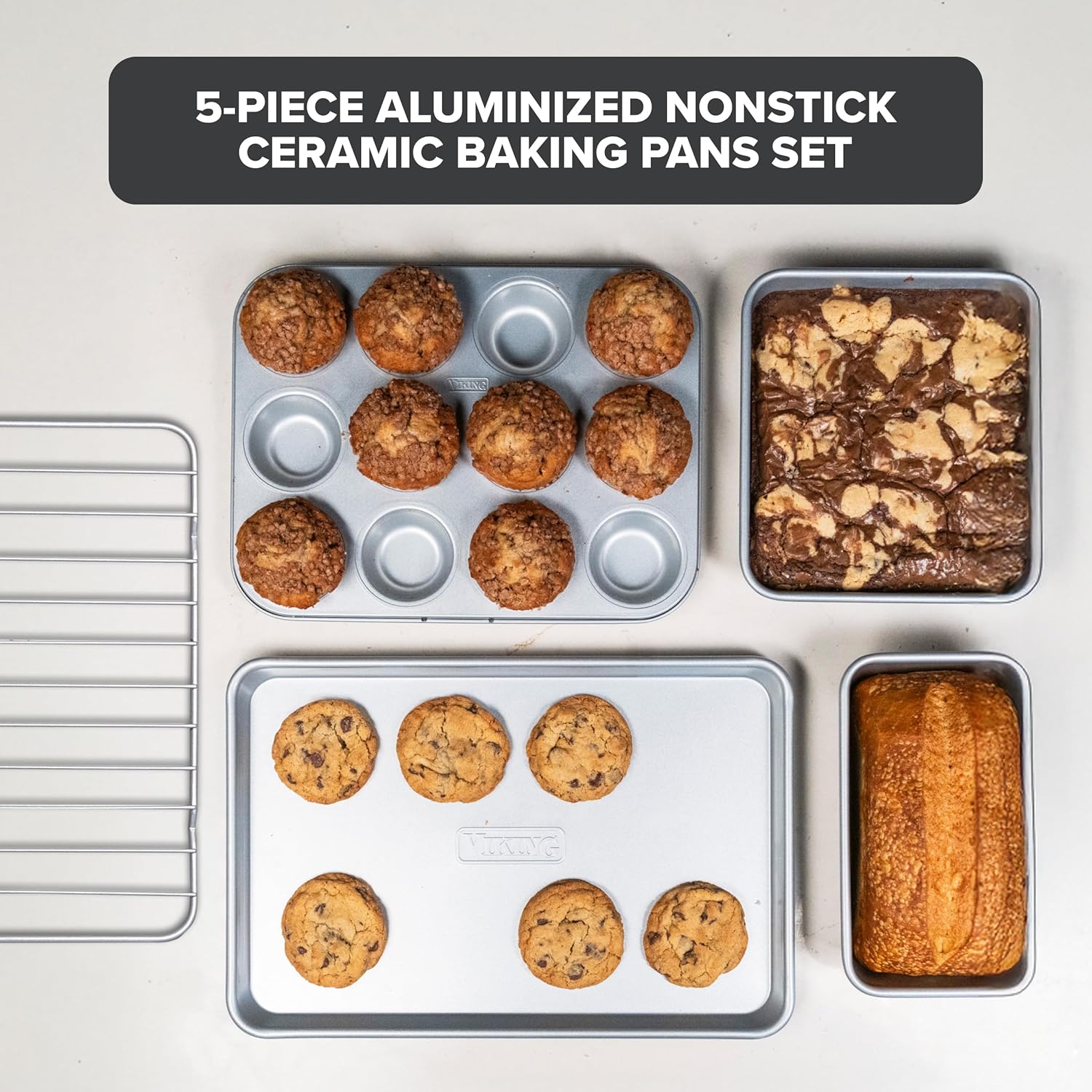 Viking Premium 5-Piece Nonstick Ceramic Baking Pans Set, Made without PFAS, Heavy Gauge Aluminized Steel Bakeware, Baking Sheet, Cooling Rack, Loaf, Muffin and Square Pan, Oven Safe for 475F, Silver