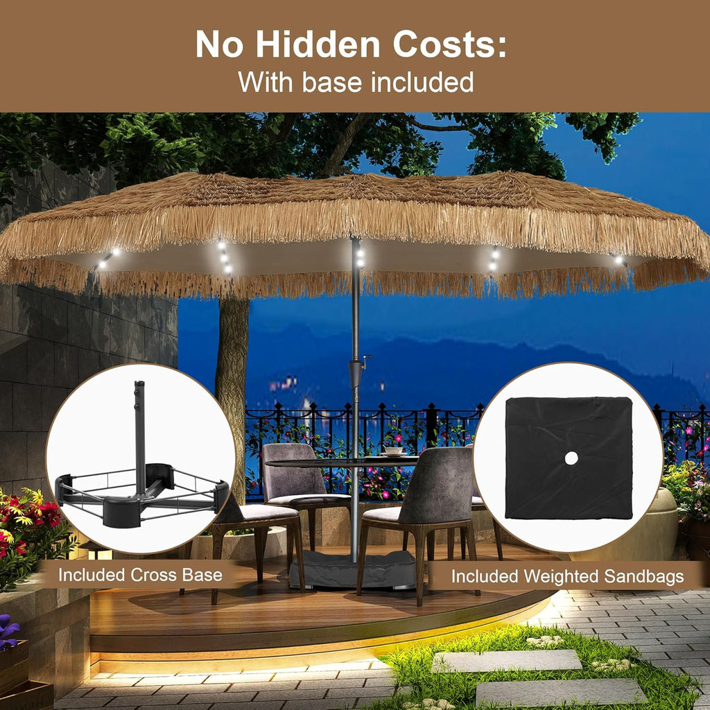 15 ft Patio Tiki Umbrella with 48 LED Lights, Large Rectangle Outdoor Solar Umbrella with Matching Base for Market, Beach, Garden, Yard
