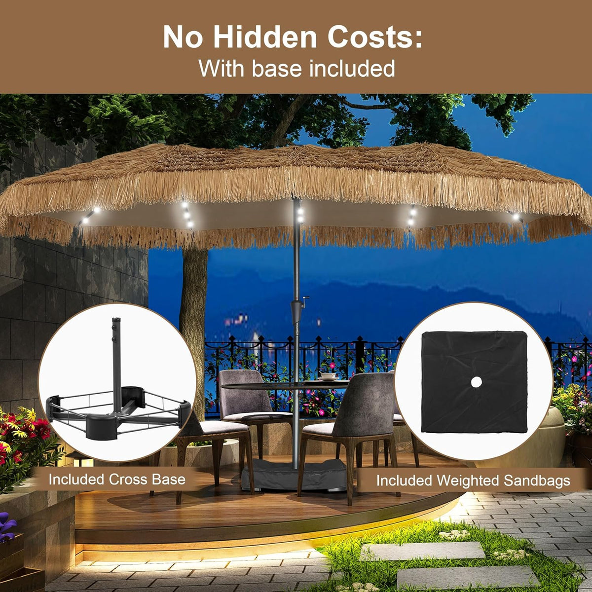 15 ft Patio Tiki Umbrella with 48 LED Lights, Large Rectangle Outdoor Solar Umbrella with Matching Base for Market, Beach, Garden, Yard