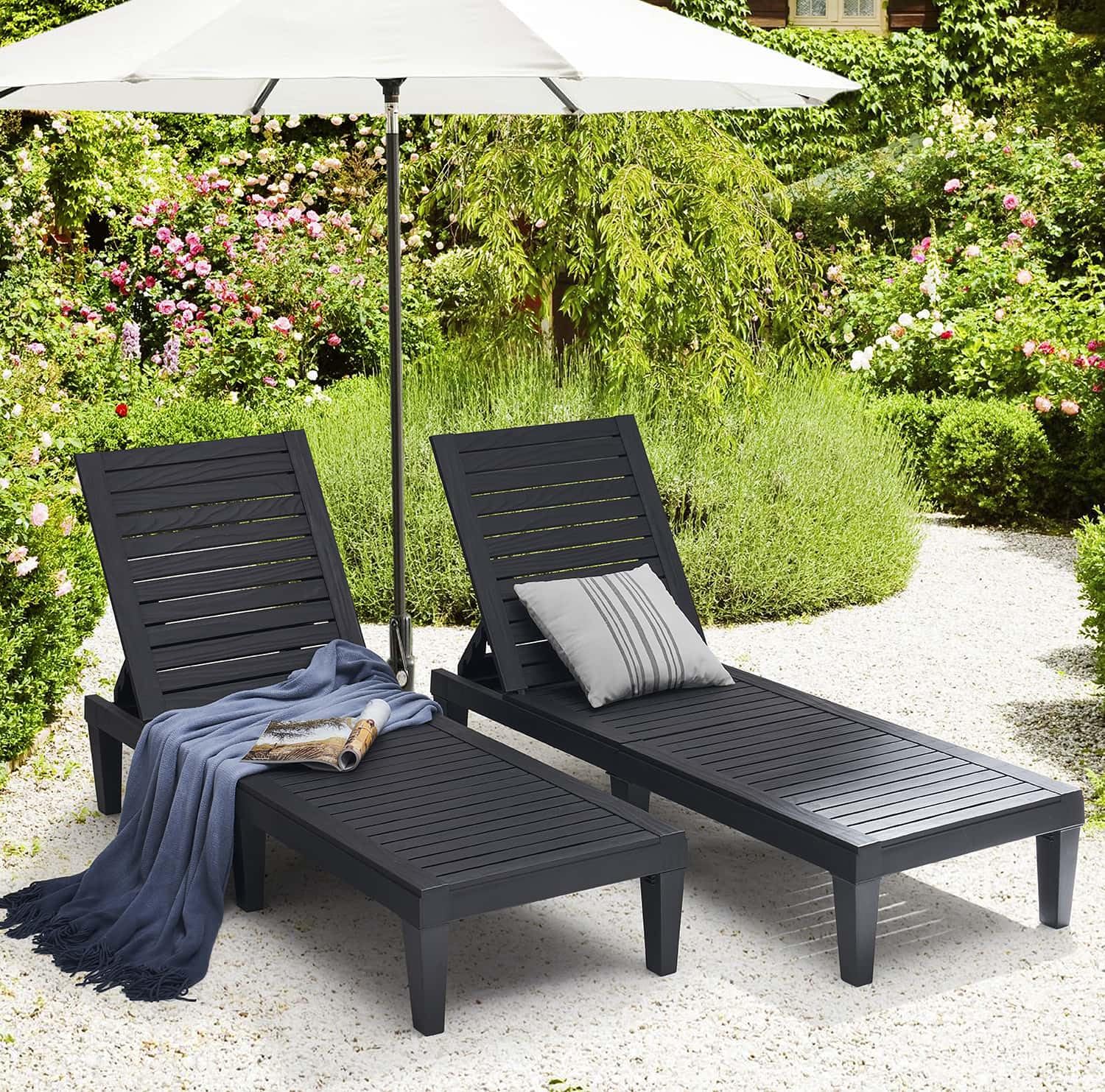 Nestl Patio Chairs - Black Chaise Lounge Chair Outdoor, 5-Position Adjustable Sun Tanning Chair, Waterproof Pool Lounge Chairs Set of 2, Reclining Lawn Chair, Lightweight Outdoor Lounge Chairs