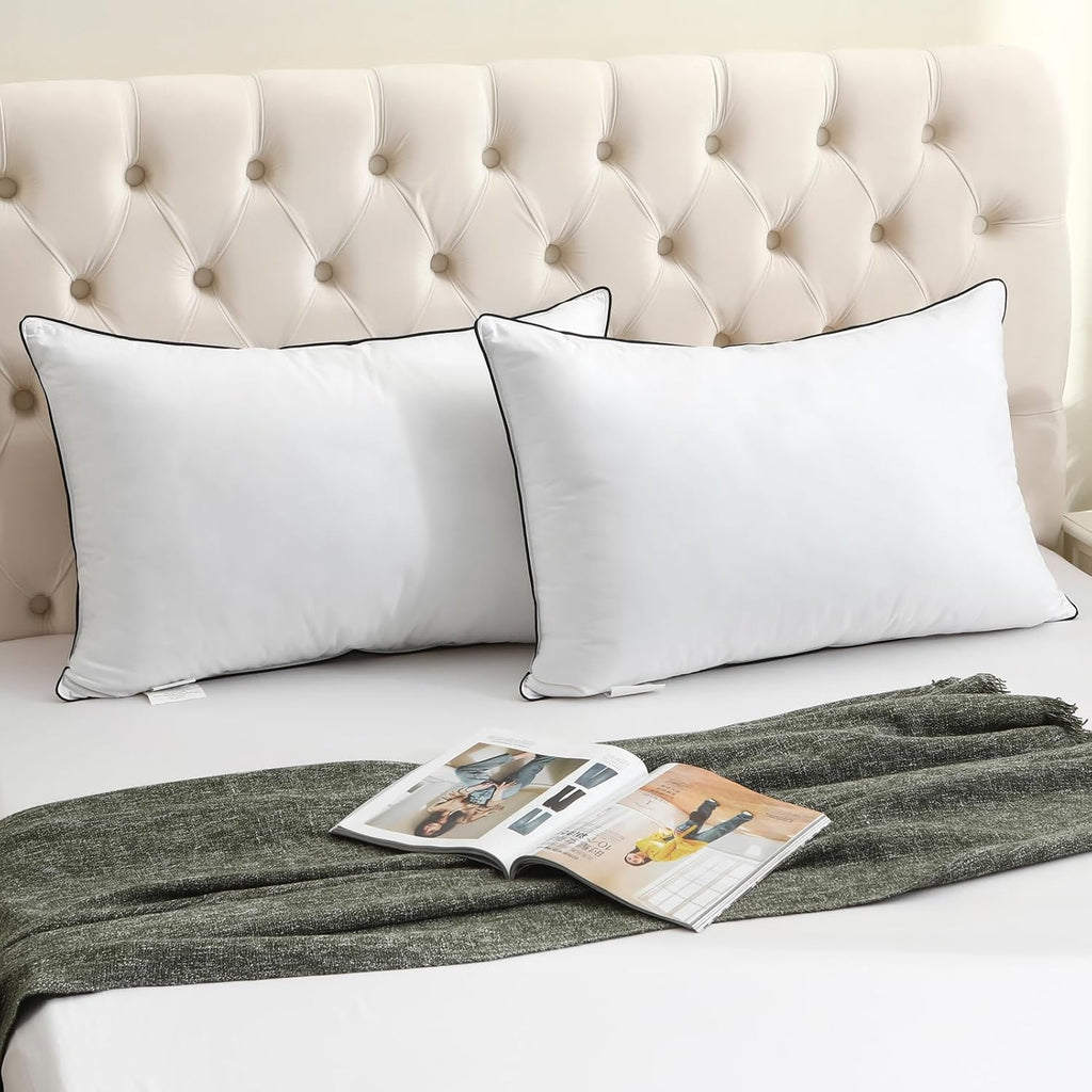 BPC Luxury Hotel Goose Feather Down Pillows Queen Size Set of 2, Medium Firm Bed Pillows for Sleeping, Organic Cotton Cover, Soft Yet Supportive Down Alternative Surround, RDS Certified, White 20"x30"