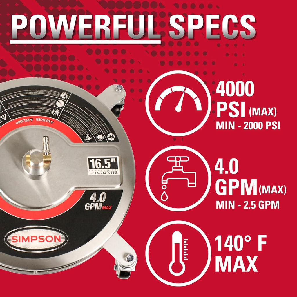 Simpson Cleaning Universal 16.5" Pressure Washer Surface Cleaner, Stainless Steel, for Gas and Electric, Cold Water, 1/4" Quick Connection, Max of 4000 PSI, 80625