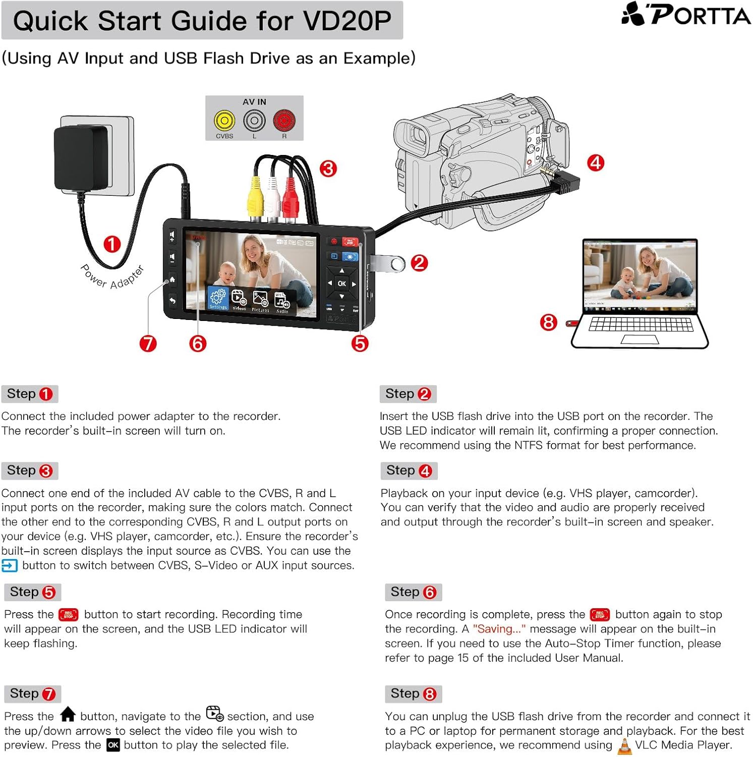 Portta VD20P VHS to Digital Converter with 5" HD Screen, Video Capture Recorder Convert to MP4 Compatible with VHS, VCR, DVR, DVD, Hi8, Mini DV, Gaming Console (VCR/VHS/DVD Player/Camcorder Required)