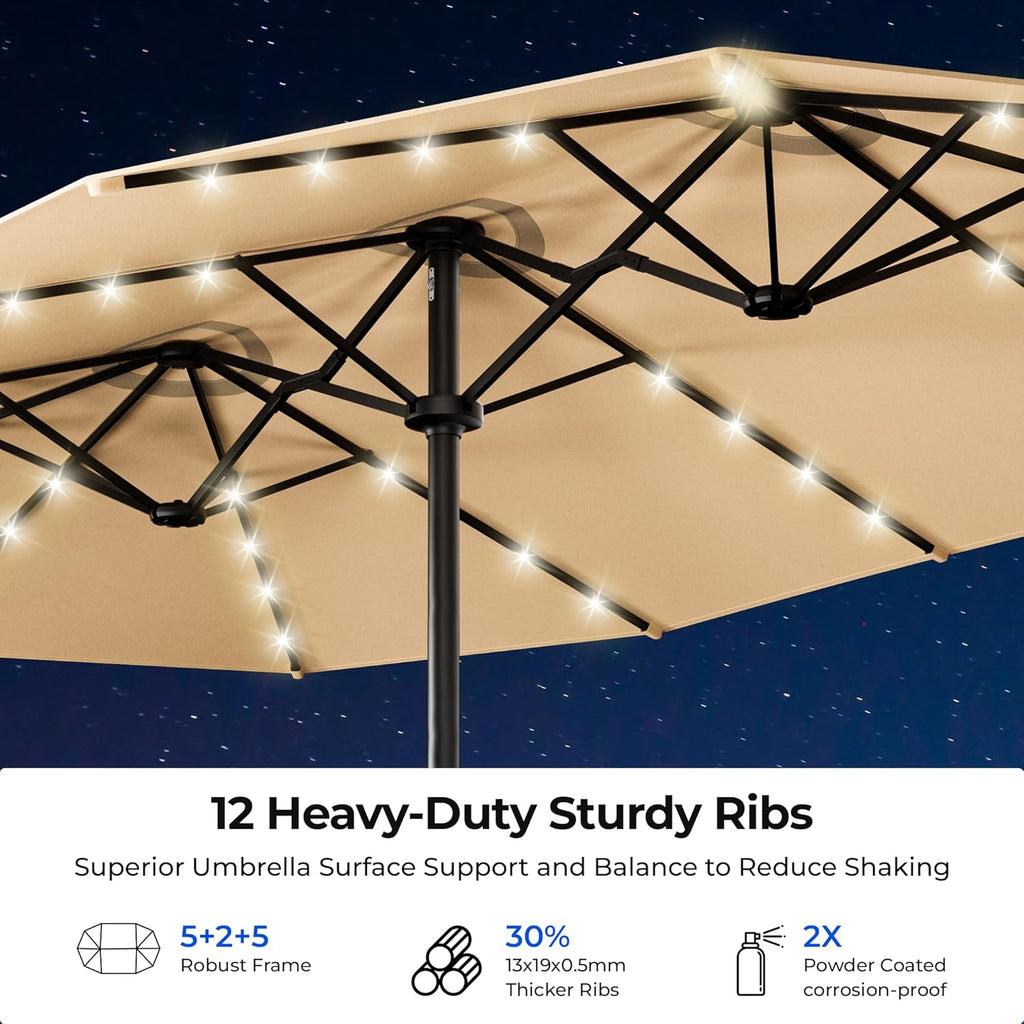HOMSHADE 15FT Motorized Electric Large Patio Umbrella with Base and Solar Lights Outdoor, Double-Sided Rectangle Umbrella with Remote Control, 30° Auto-Open for Pool Deck Table Market Backyard, Beige