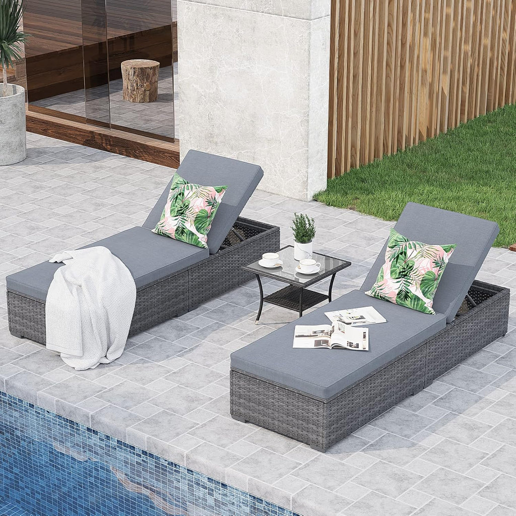 JOIVI Outdoor Chaise Lounge Chair, 3 Piece Patio Lounge Chairs with Glass Top Wicker Coffee Table for Outside, Rattan Reclining Chaise Lounger with Adjustable Backrest and Gray Cushion, Gray PE Wicker
