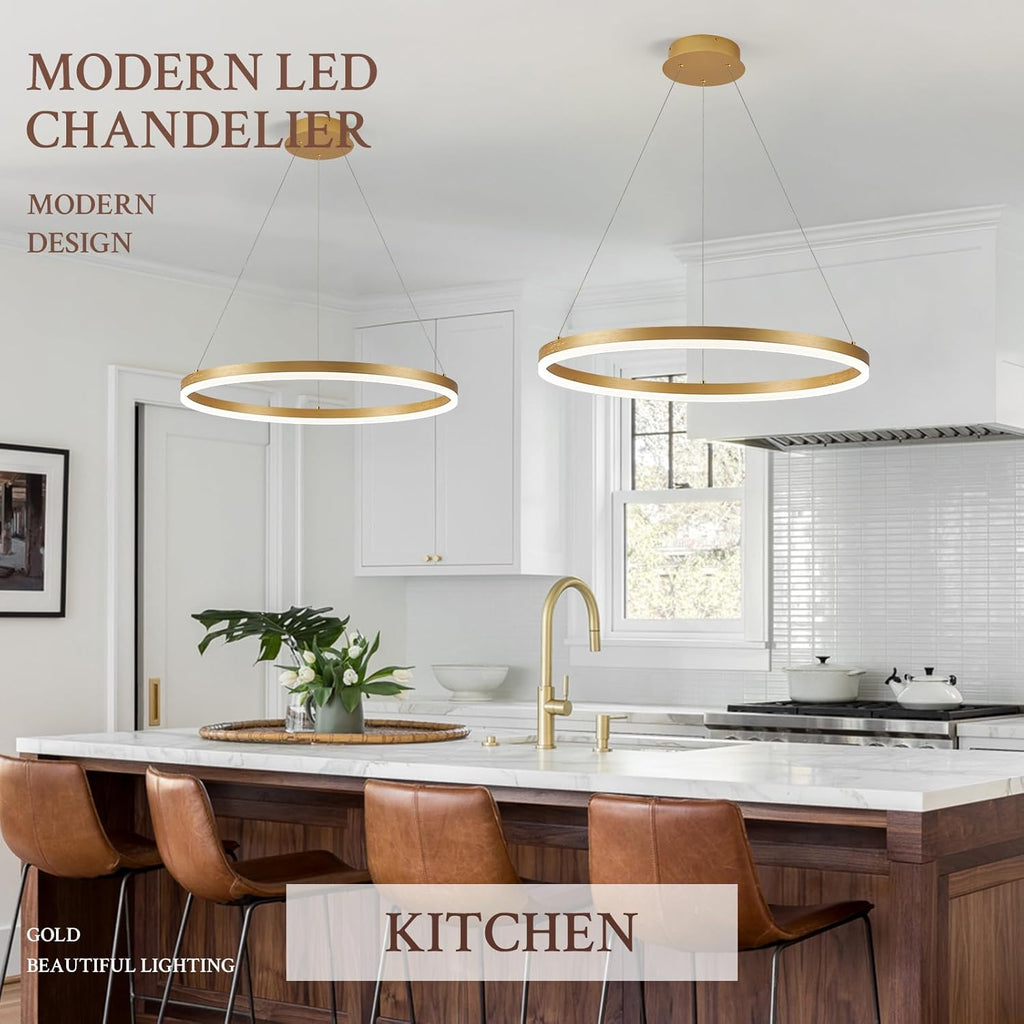 Modern LED Pendant Lighting Ring Chandelier Gold Dimmable LED Chandelier for Dining Room 36W Adjustable Pendant Light Fixture for Living Room Bedroom Home Office Foyer, 3000-6500K D24in