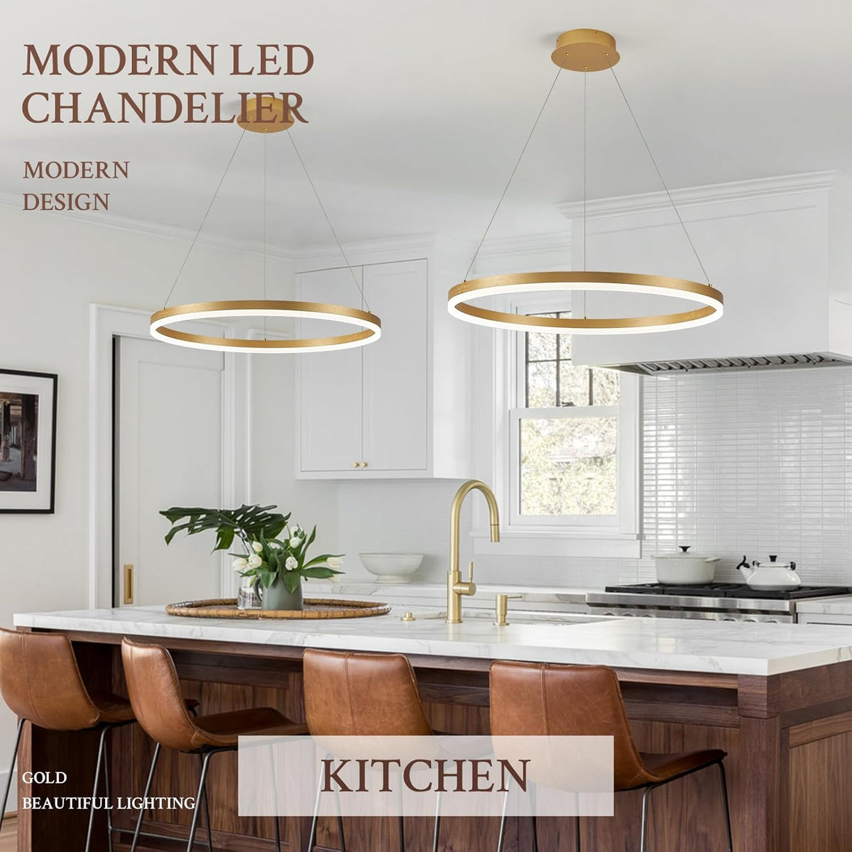 Modern LED Pendant Lighting Ring Chandelier Gold Dimmable LED Chandelier for Dining Room 36W Adjustable Pendant Light Fixture for Living Room Bedroom Home Office Foyer, 3000-6500K D24in