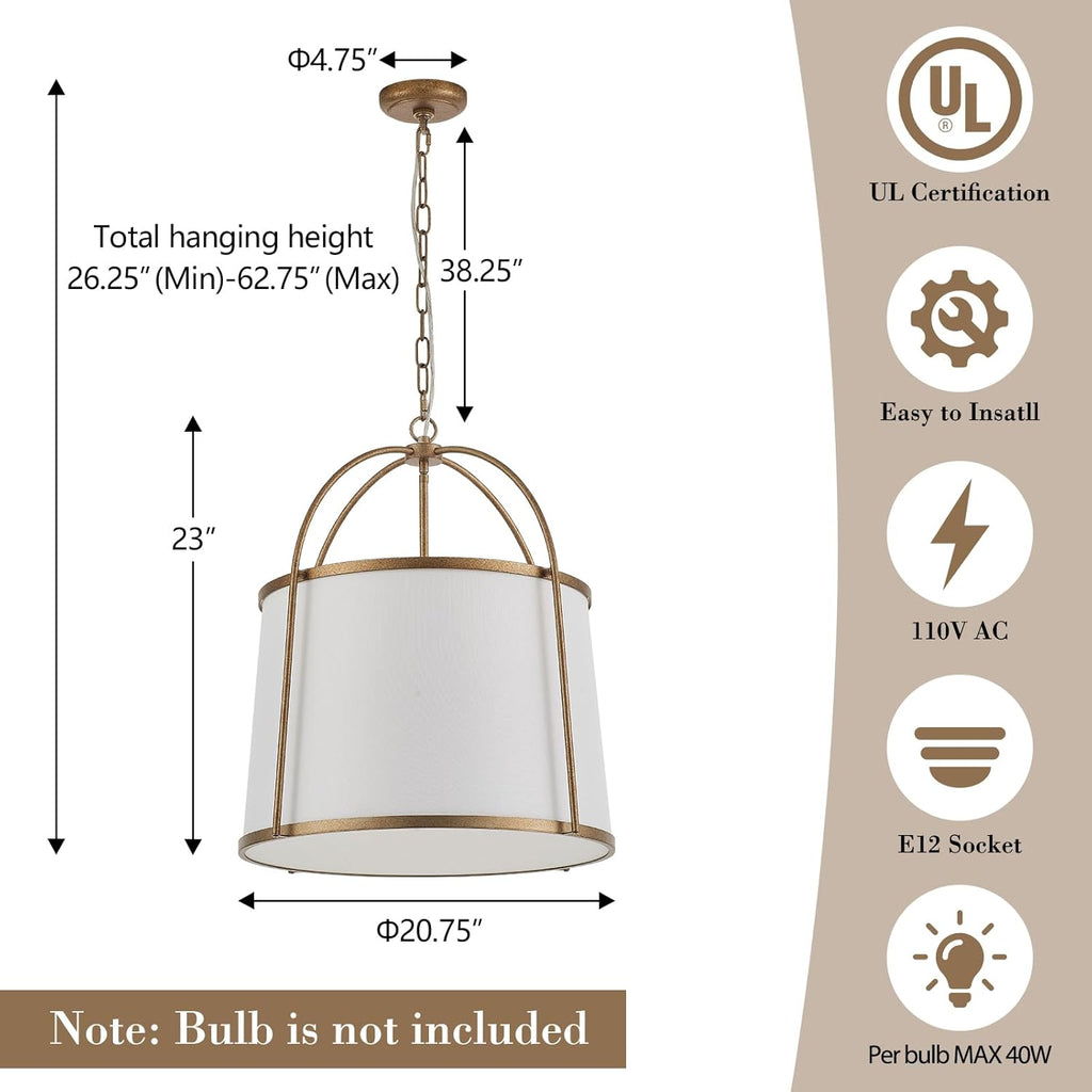 Rustic Modern Chandelier for Entryway, Dining Room Chandelier with Off-White Fabric Shade, Gold Pendant Light Fixture for Bedroom Kitchen Farmhouse