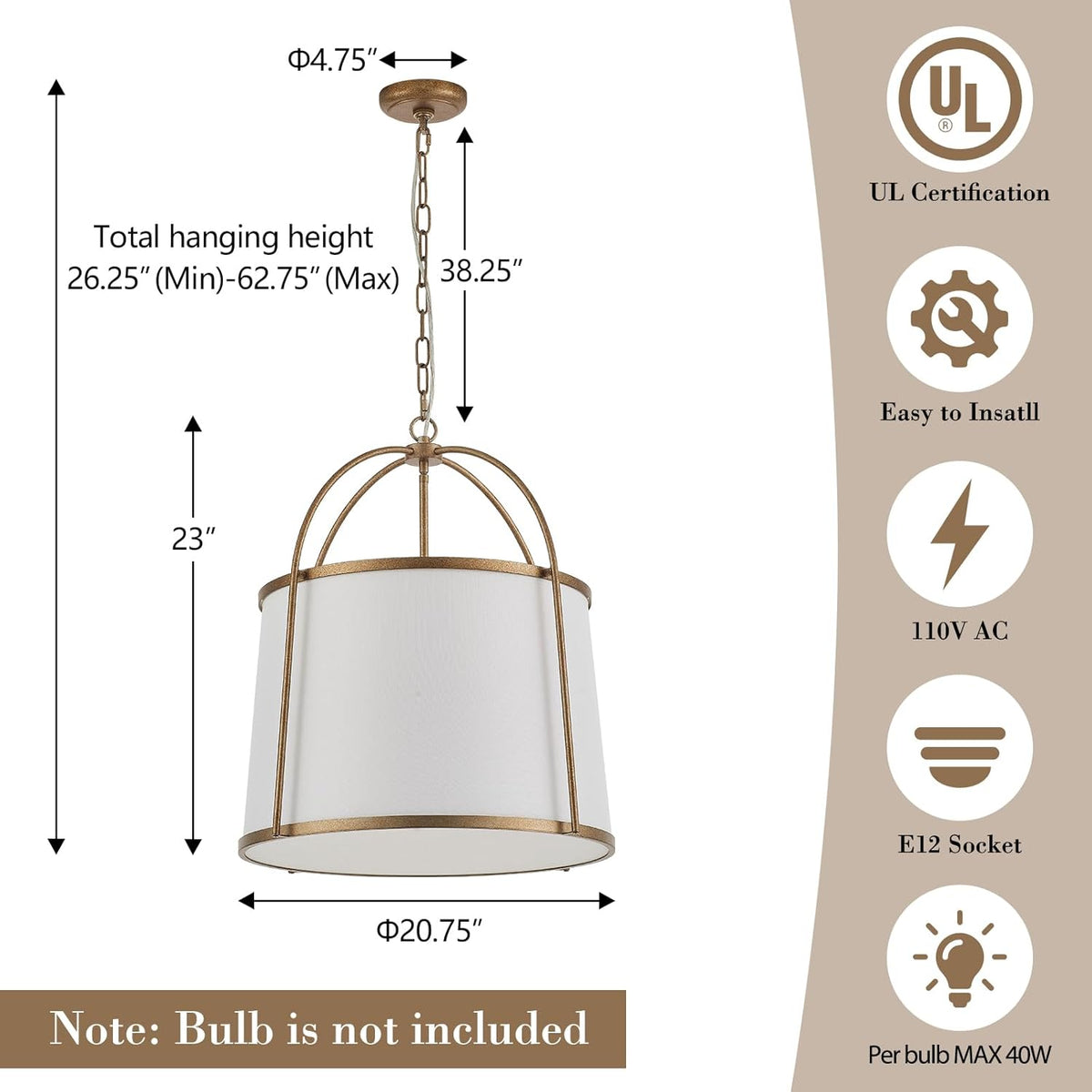 Rustic Modern Chandelier for Entryway, Dining Room Chandelier with Off-White Fabric Shade, Gold Pendant Light Fixture for Bedroom Kitchen Farmhouse