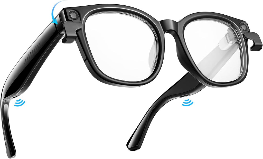King Will AI Smart Bluetooth Glasses with 8MP Wide Angle Camera, Magnetic Flip Privacy Cover, Flexible 90° Bendable Spring Hinge, 1200P Anti-Shock Video Recording for Business Casual, Clear Lens
