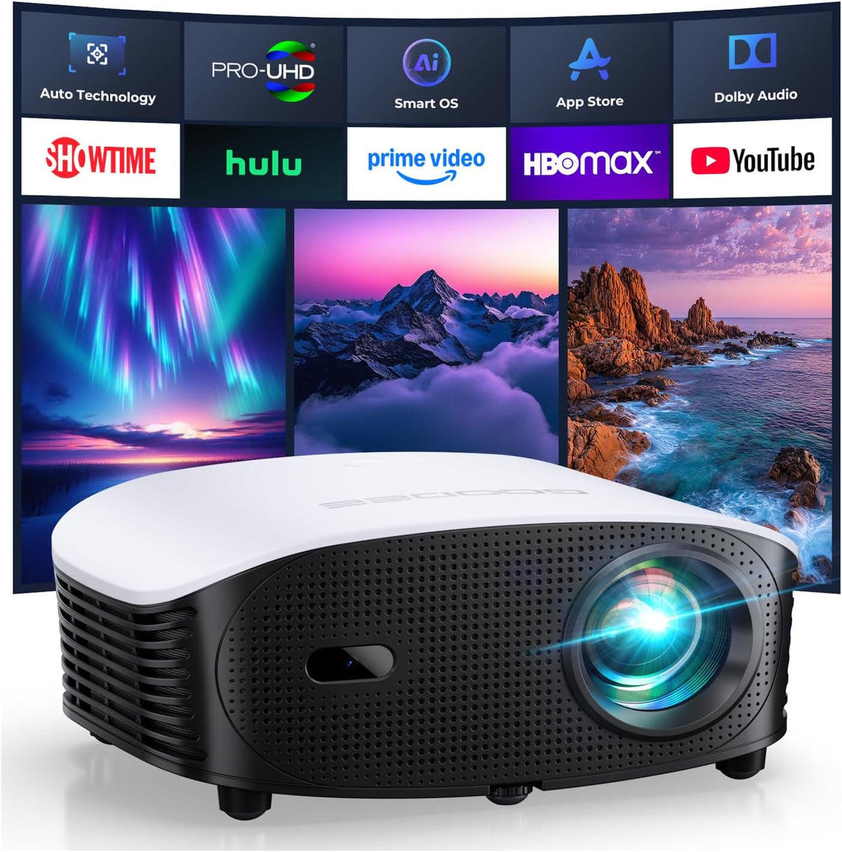 GooDee AI Smart Mini Projector with WiFi and Bluetooth - FHD 4K Support, Compatible with Netflix/YouTube, Auto Focus & Keystone, Dolby Audio Movie Projector for Outdoor Movie Night & Bedroom Theater
