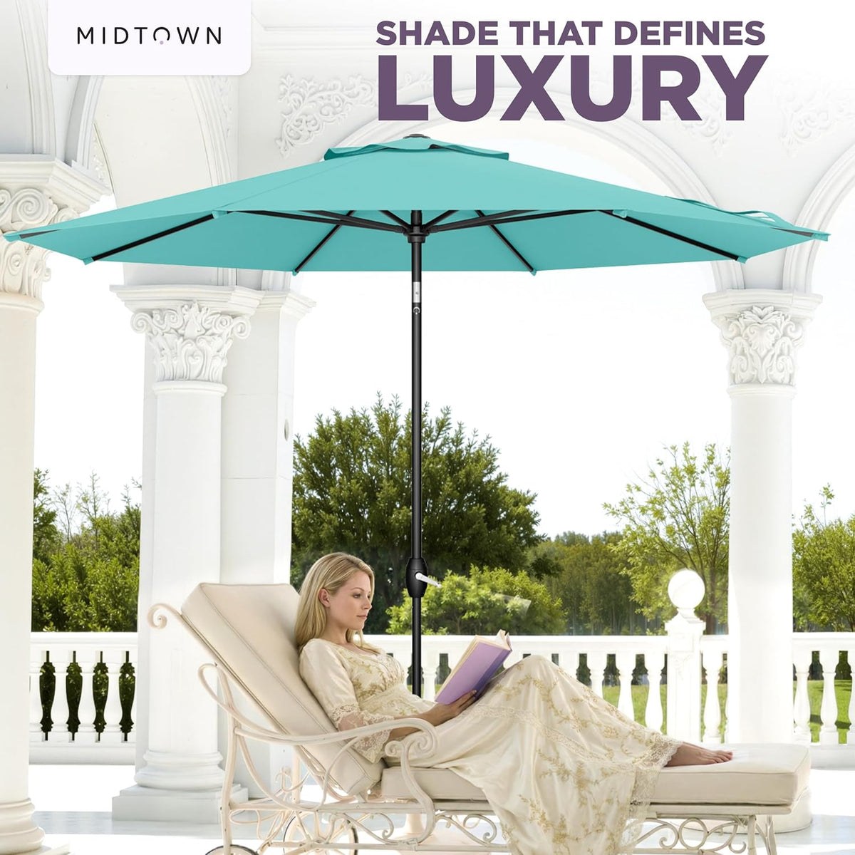 Midtown Umbrellas - The Lean 9 Ft Patio Umbrella with Fade-Resistant Sunbrella Fabric, Auto-Tilt Aluminum Frame and 8 Reinforced Ribs for Deck, Pool & Garden - Aruba Canopy, Black Pole